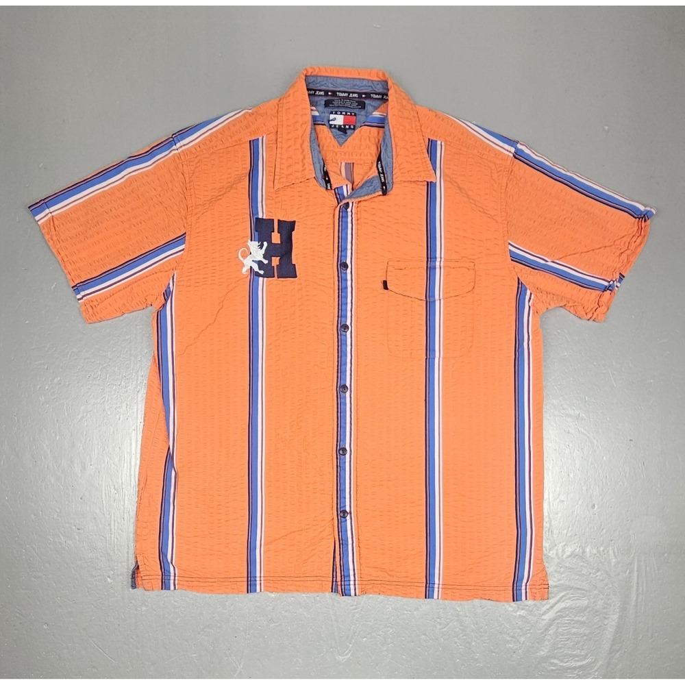 Vintage Tommy Hilfiger Jeans Button Down Shirt Mens XL Orange Vertical Striped